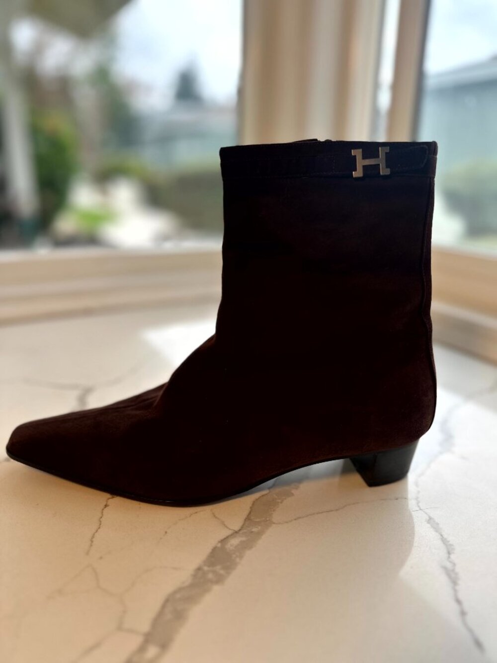 HERMES "Hip" Women's Suede Ankle Boots Moka Dark Brown Size 39 OG Box Dust Bags